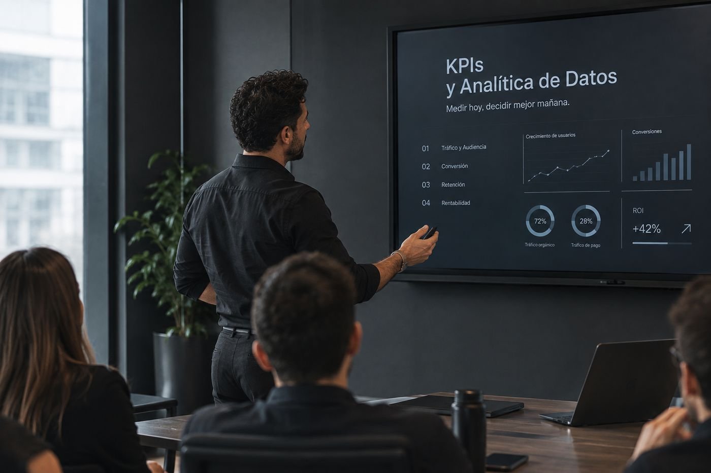 Presentación de KPIs y analítica de datos en una sala de reuniones