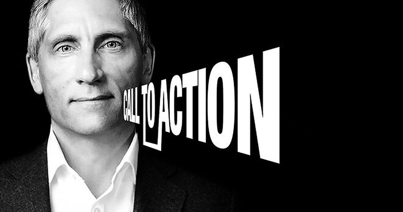 Blair Enns en un retrato en blanco y negro junto al texto Call to Action